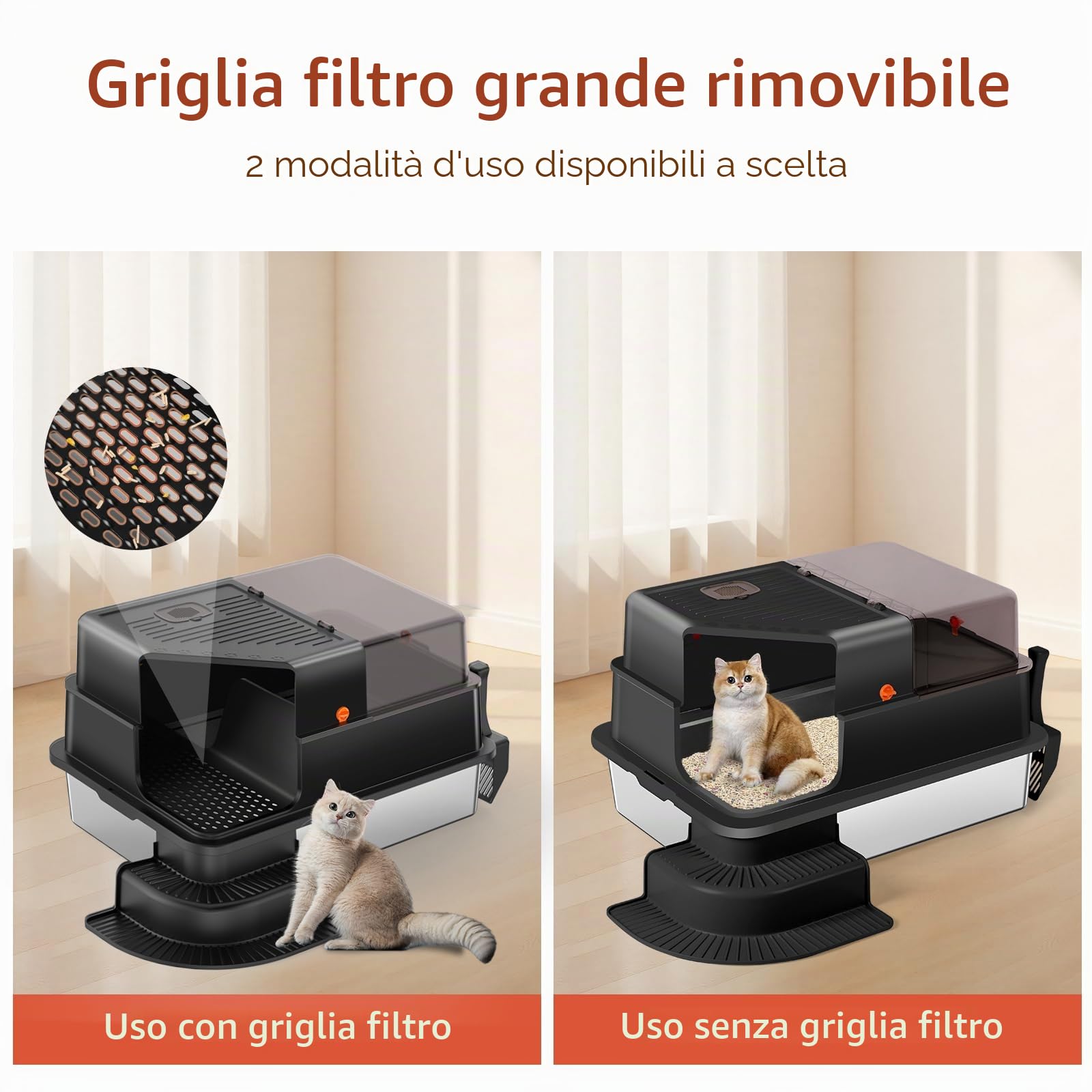 Lettiera per gatti in acciaio inox, con parete laterale alta, in metallo, con marcia filtrata, gradino, pala, non adesiva, inodore, facile da pulire (nero)