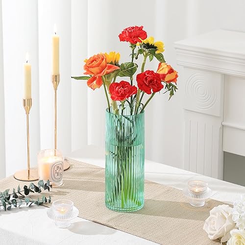 Miniatura 2 de YANWE1 Jarrón de cristal verde, florero de cristal, florero de vidrio acanalado, jarrón verde, jarrones de vidrio cilíndricos altos para centros de