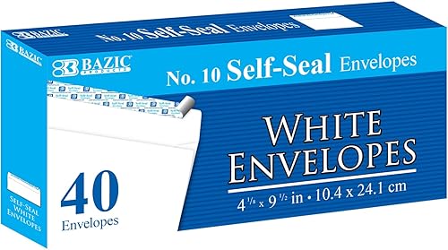 BAZIC #10 - Sobre de correo blanco autosellante de 4 18 x 9 12, cierre rápido seguro, sin ventana, despegar y sellar (paquete de 40)