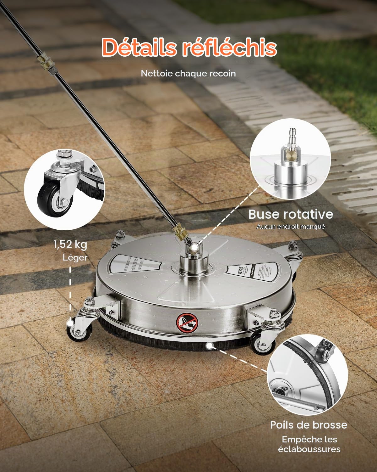 VEVOR Nettoyeur de Surface pour Nettoyeur Haute Pression 430 mm, Accessoire Nettoyeur Sol en Acier INOX sur Roues, 275 Bar Max. connecteur 0,635 cm 2 Buses pulvérisation 2 tiges Extension, pour béton