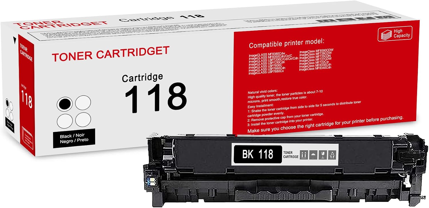 1 Pack 118 2662B001 Black Remanufactured Toner Cartridge: Compatible CRG 118 2662B001 Replacement for Canon Color imageCLASS MF8380Cdw LBP7210Cdn LBP7600C MF8580CDW MF726CDW Printer