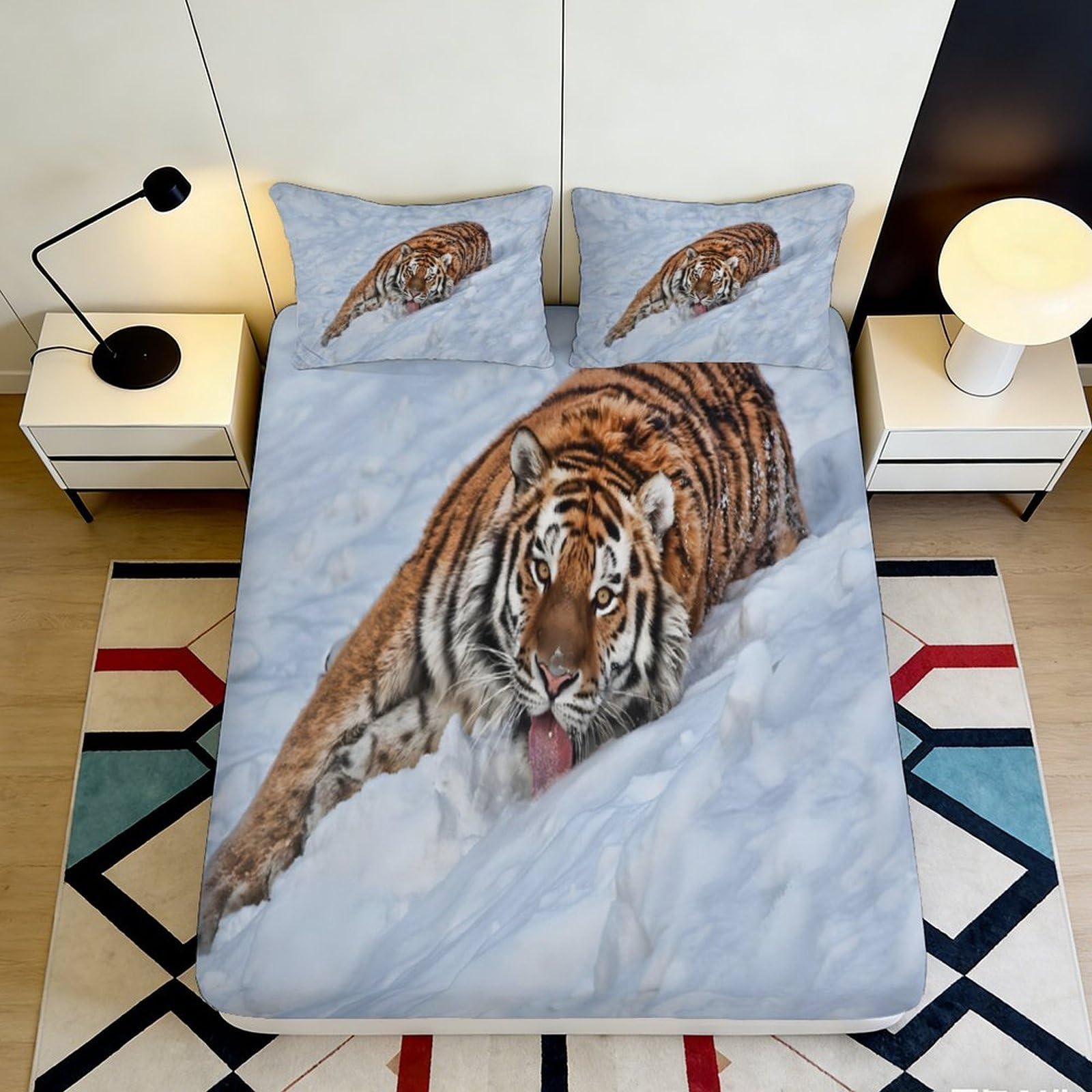 3D Printed Tiger Pattern Fitted Sheet Microfiber Soft Breathable Snow Animal Mattress Cover for Bedroom Dormitory Guest Room Protection Decor 140x200x25cm