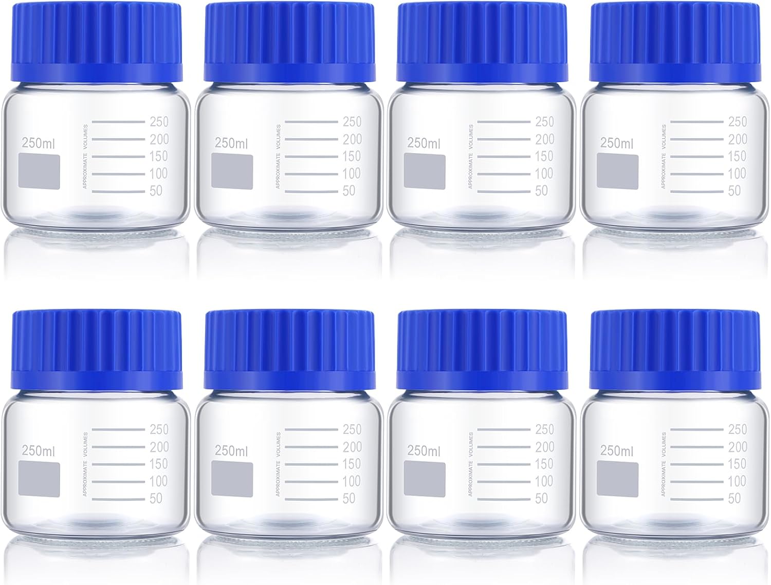 Tioncy 8 Pack 250 ml Round Media Storage Bottle Set Wide Mouth Graduated Reagent Bottle Borosilicate Glass Media Containers with Polypropylene Screw Cap Leakproof and Autoclavable for Lab Liquids