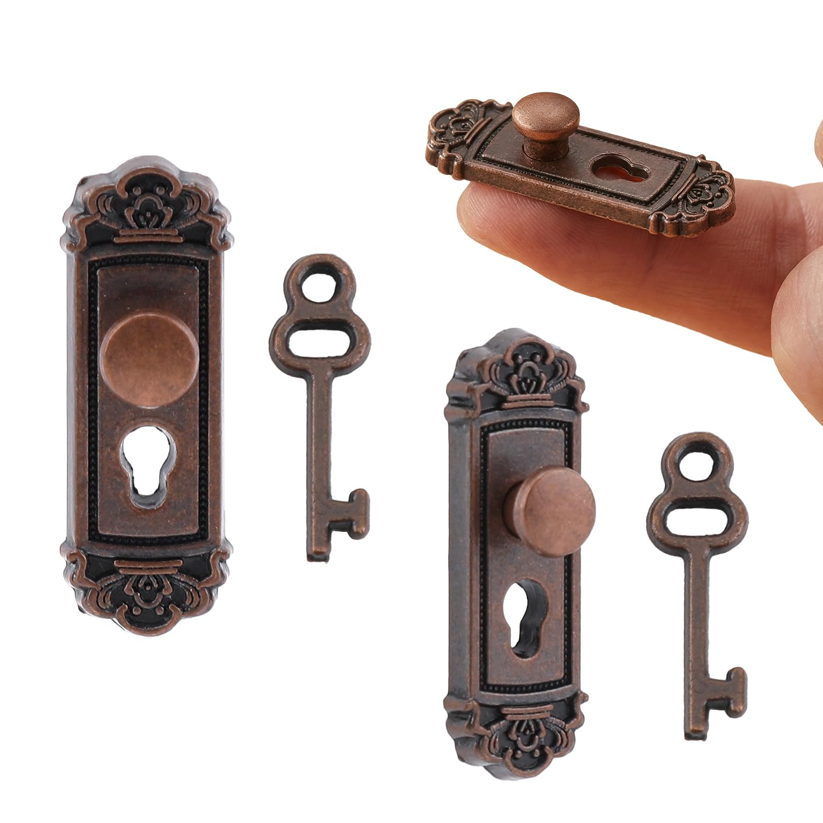 2 Sets 1/12 Scale Miniature minihouse Door Knob with Handle & Mini Keys, Vintage Mini Door Knocker Hardware Fittings, Mini Furniture Accessories for 1:12 Mini House Decoration