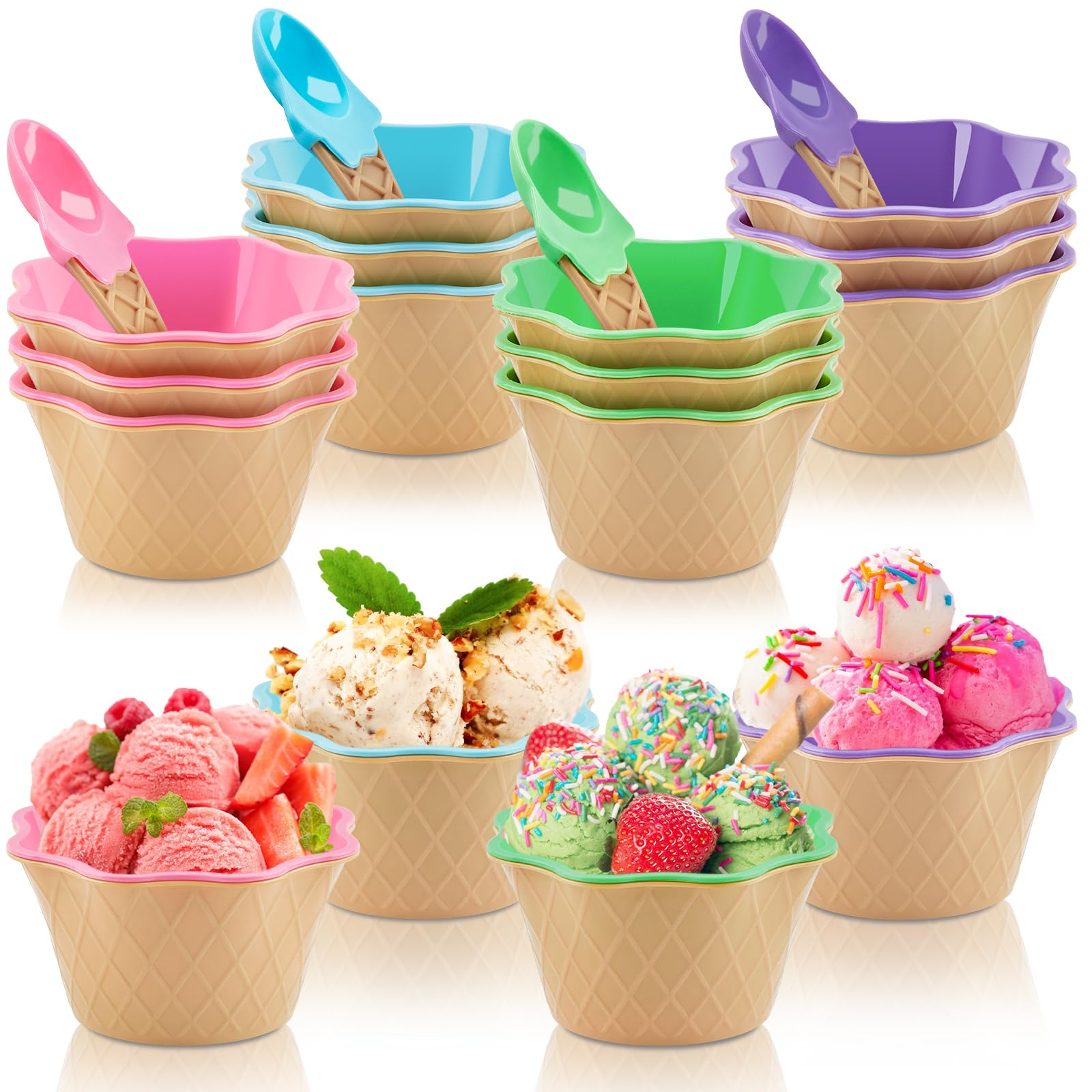 Qeirudu 12 Pack Ice Cream Cups with Spoons, 8 oz Flower-Shaped Ice Cream Bowls Reusable Plastic Dessert Cups for Sundae Frozen Yogurt Birthday Party Favors