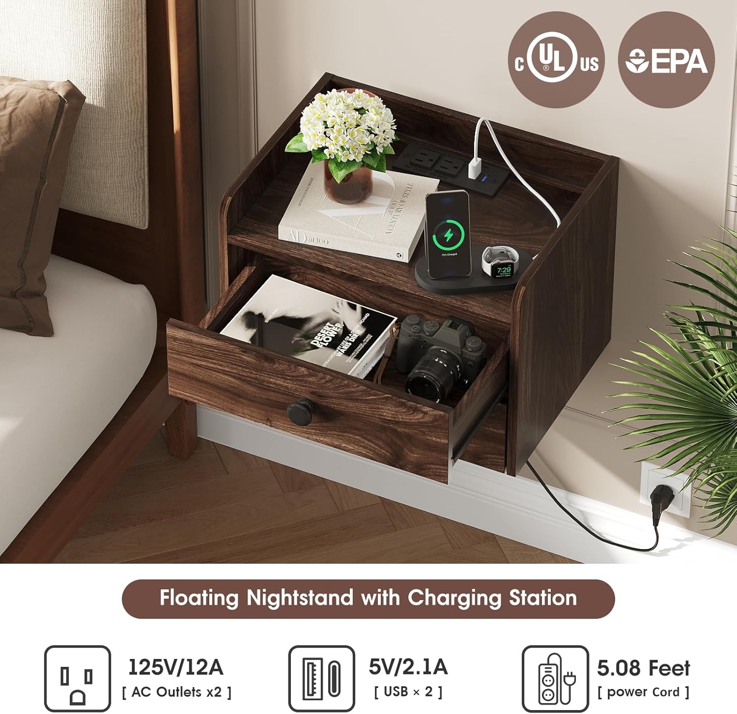 Floating Nightstand Set of 2 with 2 Storage Drawers and Charging Station Wood Wall Mounted Bedside End Table Modern Night Stands Set 2 for Bedroom,Small Space,Brown Walnut