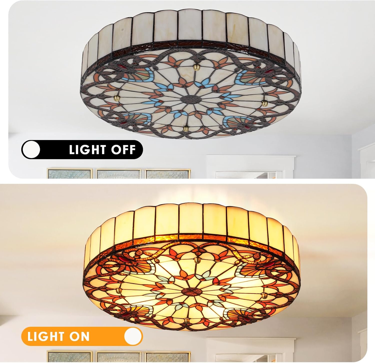 19.7 inch Vintage Style Ceiling Lights 4-Light, Handmade Stained Glass Lampshade Wire Mounting Ceiling Lamps for Living Room Bedroom