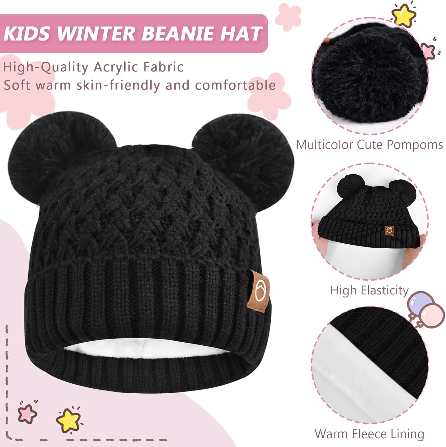 Kids Winter Hat Gloves Scarf Set,Toddler Girls Winter Hat Kids Beanie with Pom Neck Warmer Gaiter Mittens Fleece Lined Set - Image 2