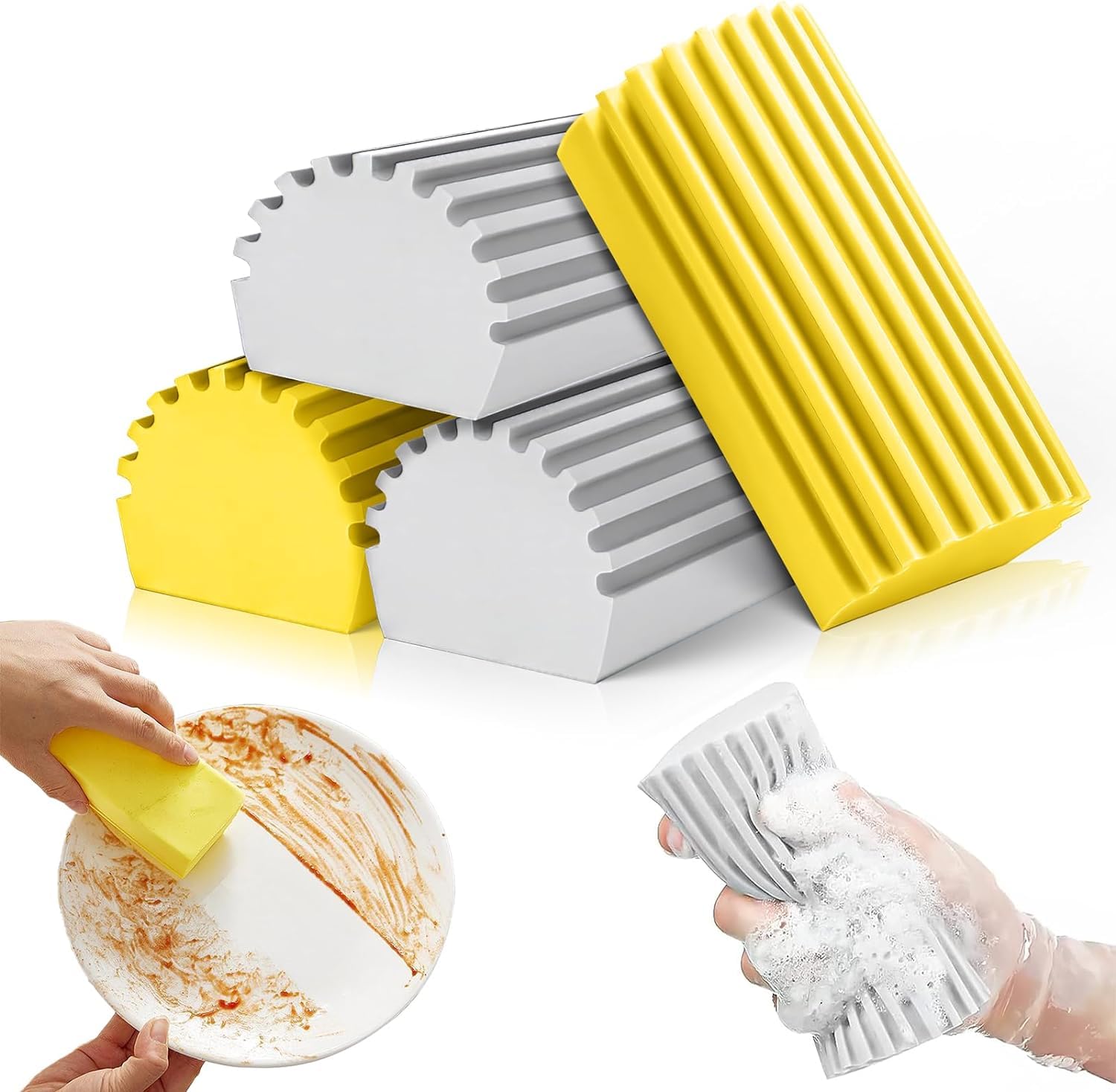 molkocan Damp Duster, 4 Pcs Magical Dust Cleaning Sponge, Reusable Cleaning Sponge Dusters for Cleaning Blinds, Glass, Baseboards, Railings, Vents, Mirrors, Window Track Grooves (Gray, Yellow)