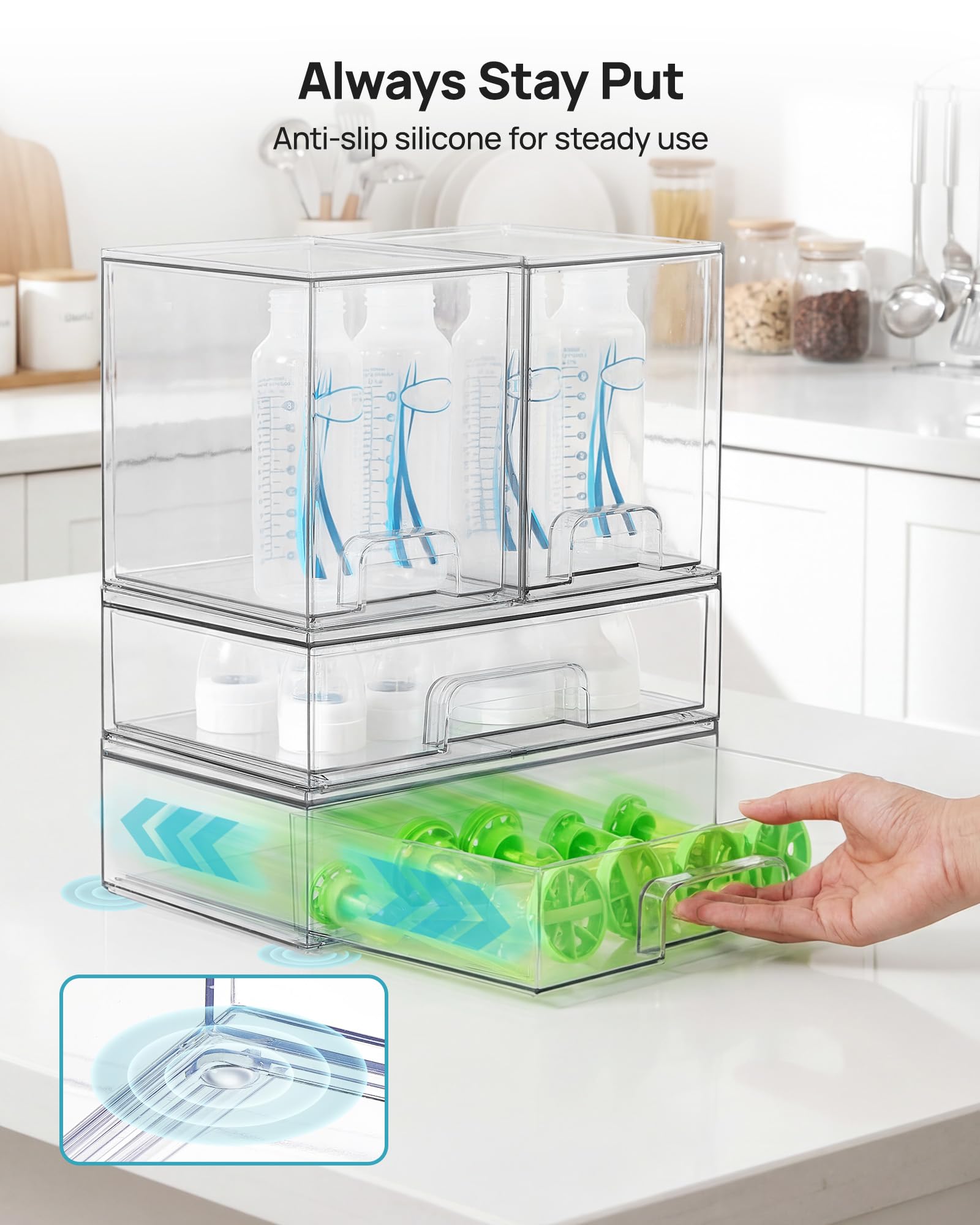 Vtopmart Set di 4 cassetti impilabili alti 7,6 cm e larghi 30,5 cm, in plastica trasparente, organizer per trucchi, cosmetici, articoli di bellezza, ideali per vanità, bagno, armadio, dispensa