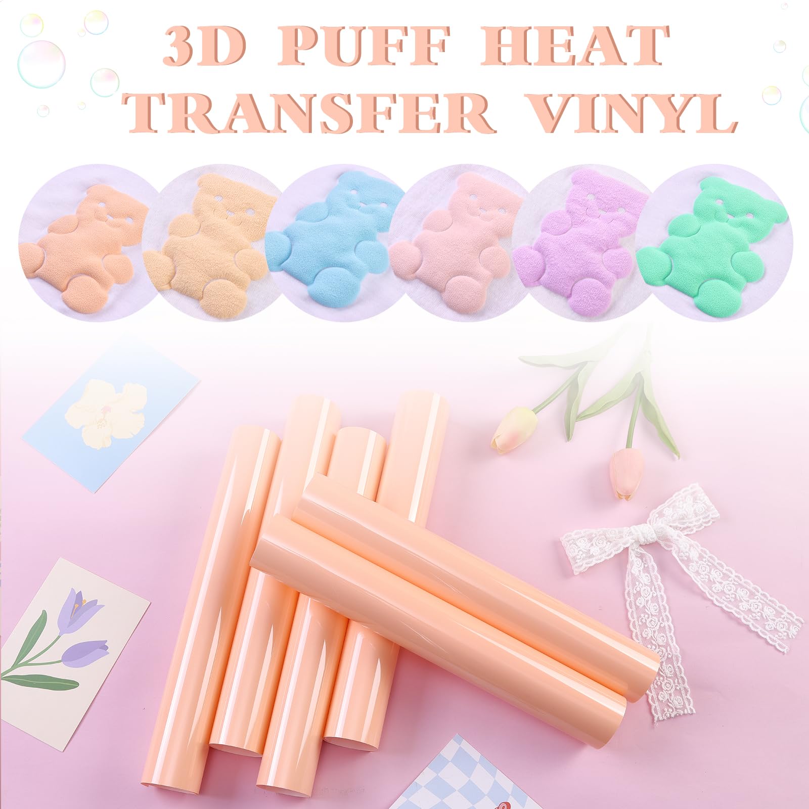 Vinilo de transferencia de calor de color rosa pastel, 12 x 10 pulgadas, 6 unidades, vinilo HTV hinchado de melocotón HTV para camisetas, Puff HTV compatible con Sillhouette Cameo o Cricut