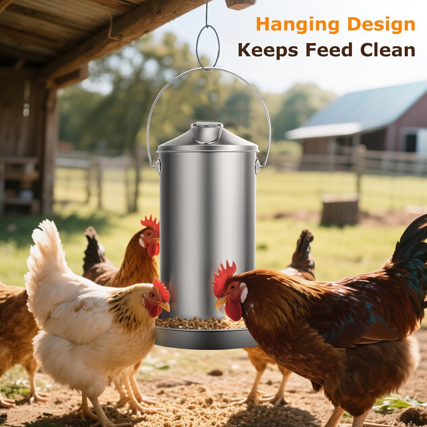 Chicken Feeder - 304 Stainless Steel 8.8 lb Rust-Proof No Waste Poultry Feeder for Outdoor Coops, Chickens, Ducks & Small Farms