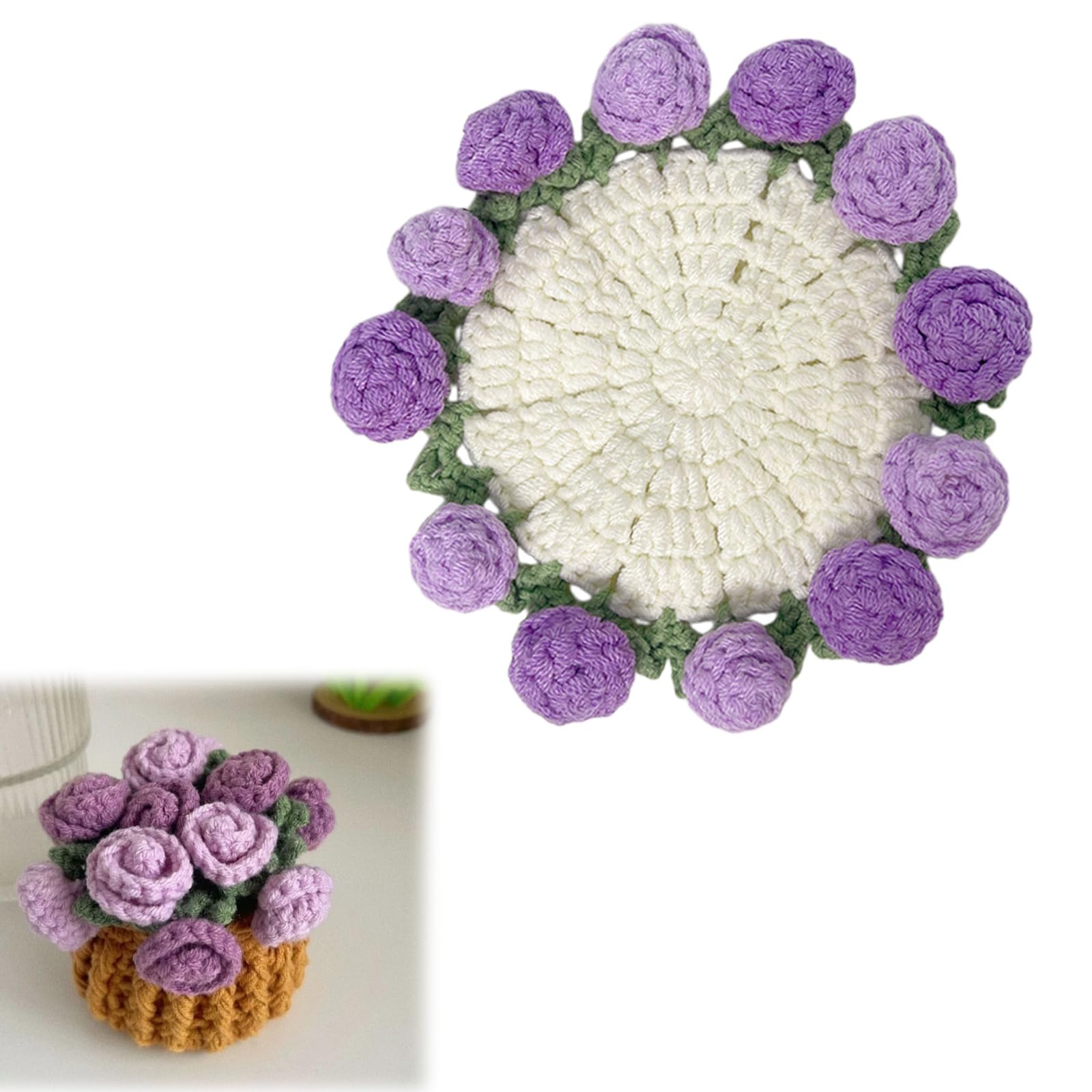 Miniature Knitted Rose Coasters Set for Cups and Mugs Elegant Tabletop Decors Crocheted Container Coasters Gift Knitted Cup