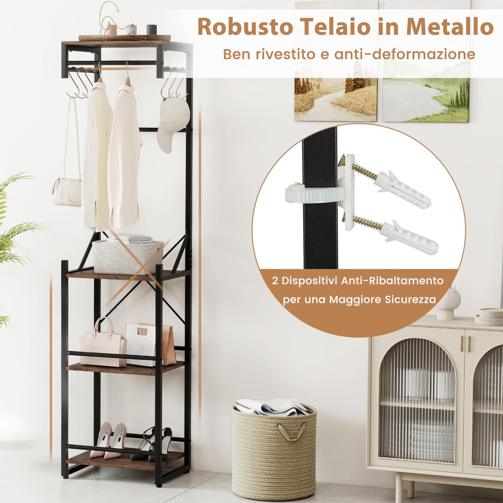 COSTWAY Attaccapanni Autoportante Sottile con 6 Ganci | Organizzatore in Metallo Robusto con 4 Ripiani e 3 Barre Appendiabiti per Ingresso, Corridoio, Camera da Letto