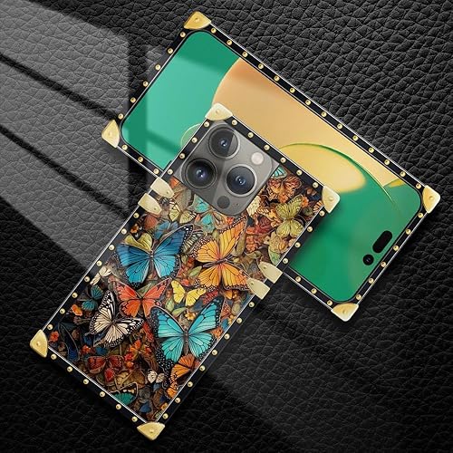 Miniatura 5 de DAIZAG Funda compatible con iPhone 15 Pro Max, Valle de las Mariposas para niñas y mujeres, decoración cuadrada de esquinas de metal, TPU suave, a