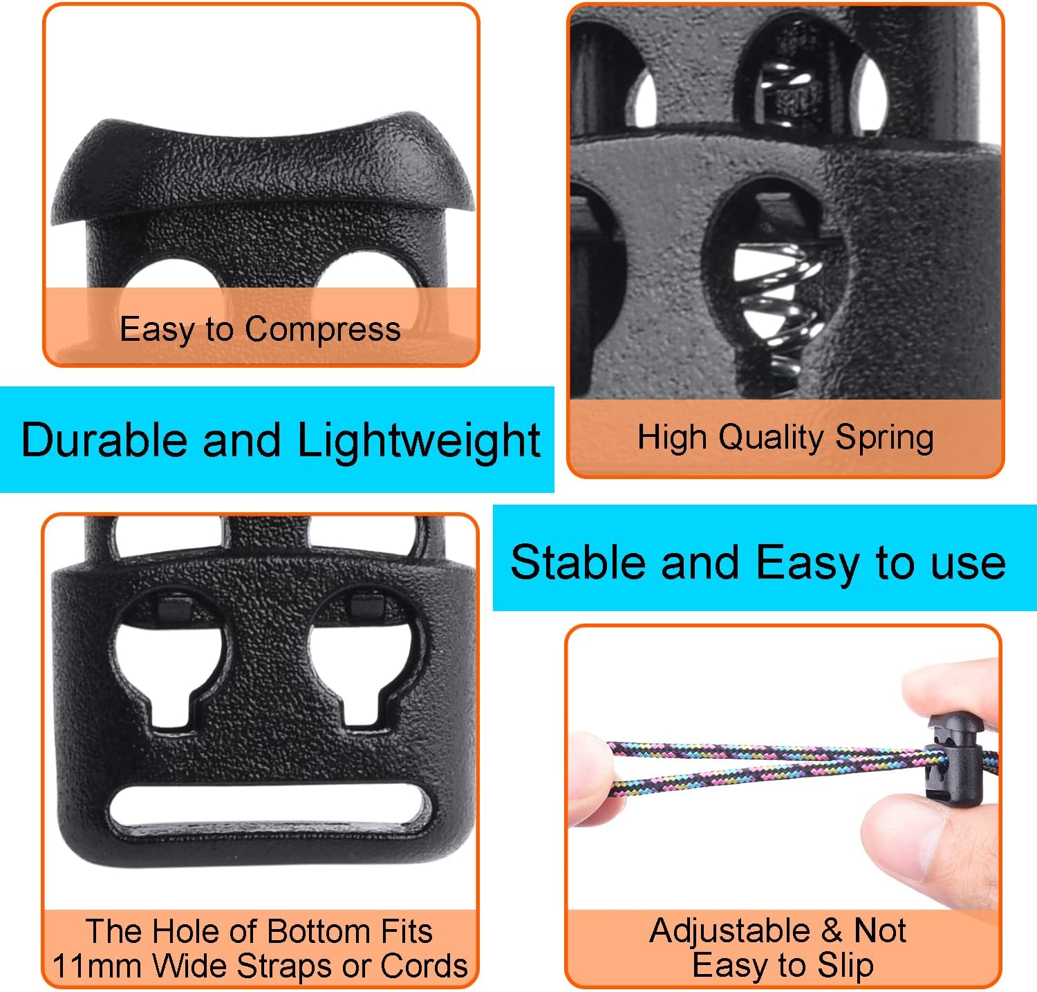 CooBigo 20 PCS Plastic Cord Locks for Paracord Drawstring Clip, Double Hole Spring Toggle Cord Stopper Sweatpant Hat Gloves Backpack Hoodie String Lock Elastic Shoelace Lock Fastener - Image 7