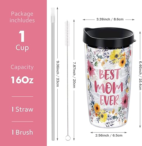 Miniatura 7 de Modwnfy Best Mom Ever - Vaso para mamá con flores vaso de doble pared de 16 onzas regalo de cumpleaños para mamá día de la madre Navidad vaso