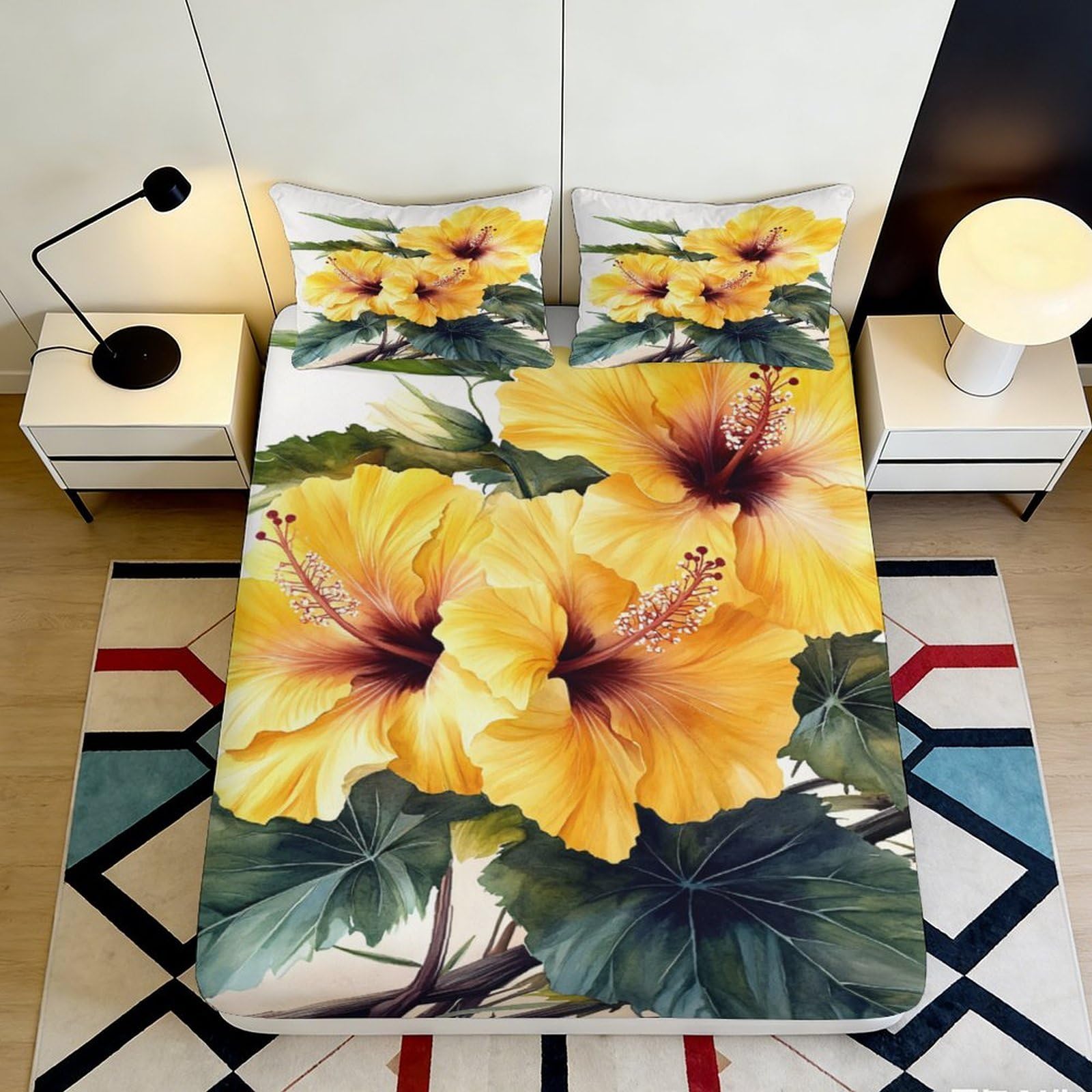 3D Printed Yellow Hibiscus Fitted Sheet Microfiber Soft Breathable Floral Mattress Cover for Bedroom Dormitory Guest Room Protection Decor 140x200x25cm