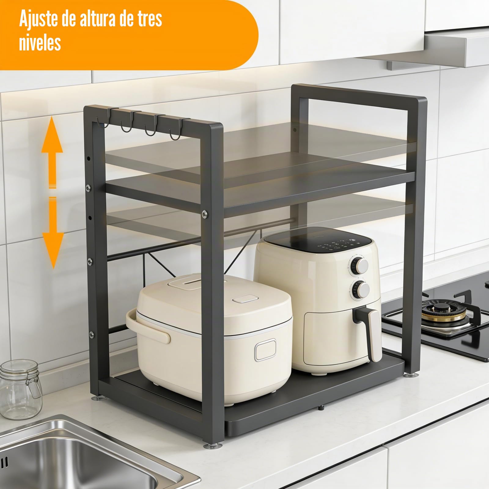 Soporte Microondas Estante 2 Niveles con Cajón, Ajustable 37/55 cm | Luz Espejo Baño LED con Interruptor, 4000K Luz Neutra para Maquillaje, Afeitado y Cuidado Diario Frente al Espejo