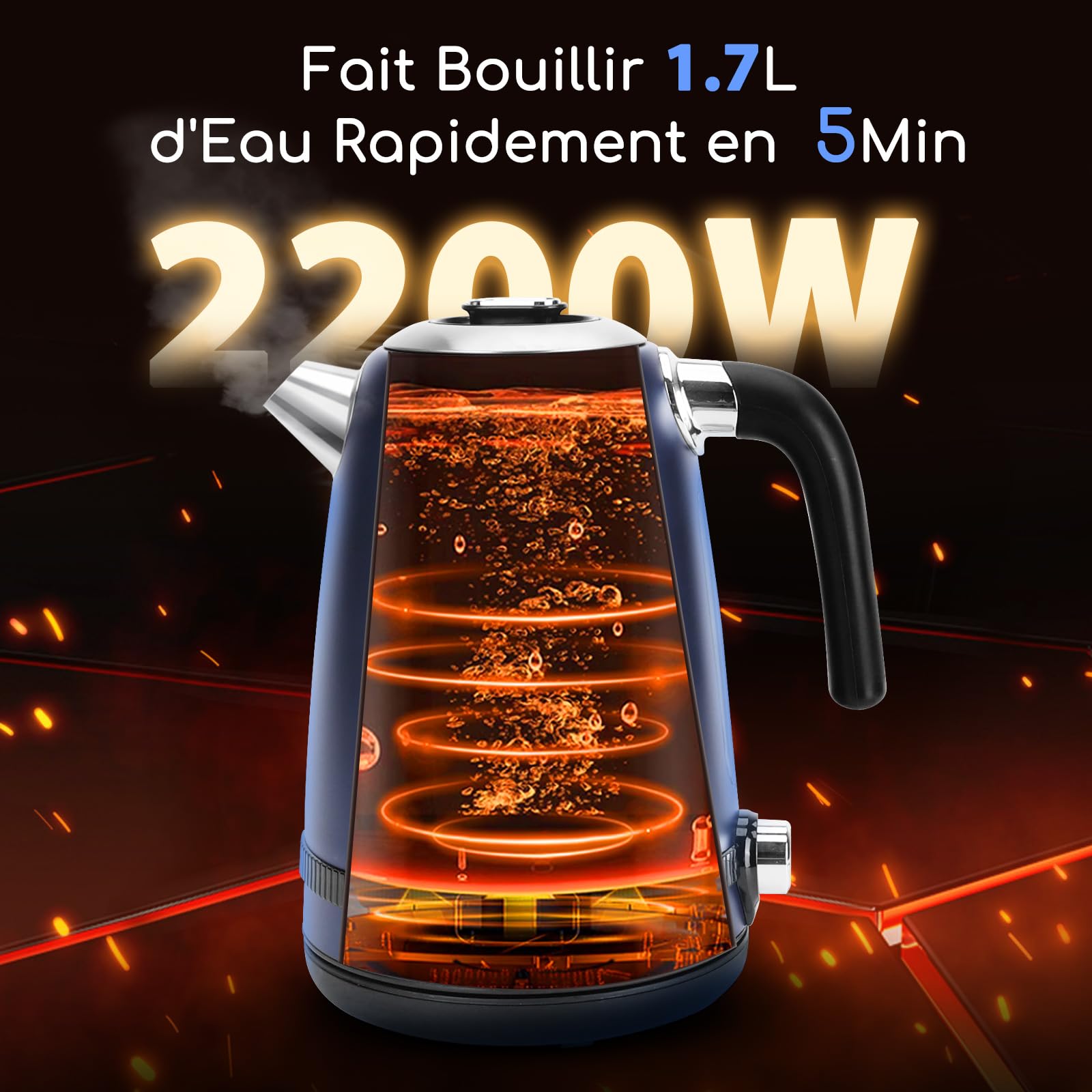 Aigostar Bouilloire Electrique Temperature Reglable inox 1,7L Bleu Foncé Vintage - Bouilloire électrique 2200W, Maintien Au Chaud, ébullition Rapide, Pas de Plastique à L'intérieur, Sans BPA
