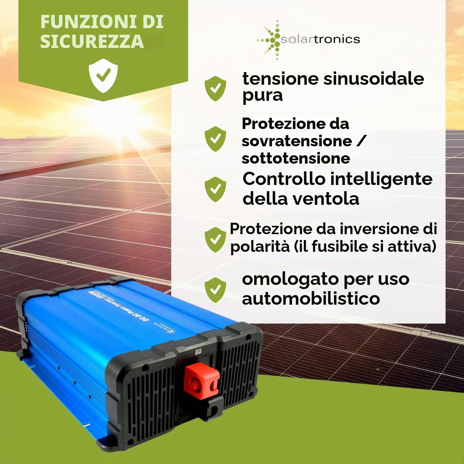 Solartronics Convertitore di Tensione FS2000D 12V 2000/4000 Watt Onda Sinusoidale Pura Blu M.Schermo FS Serie Inverter