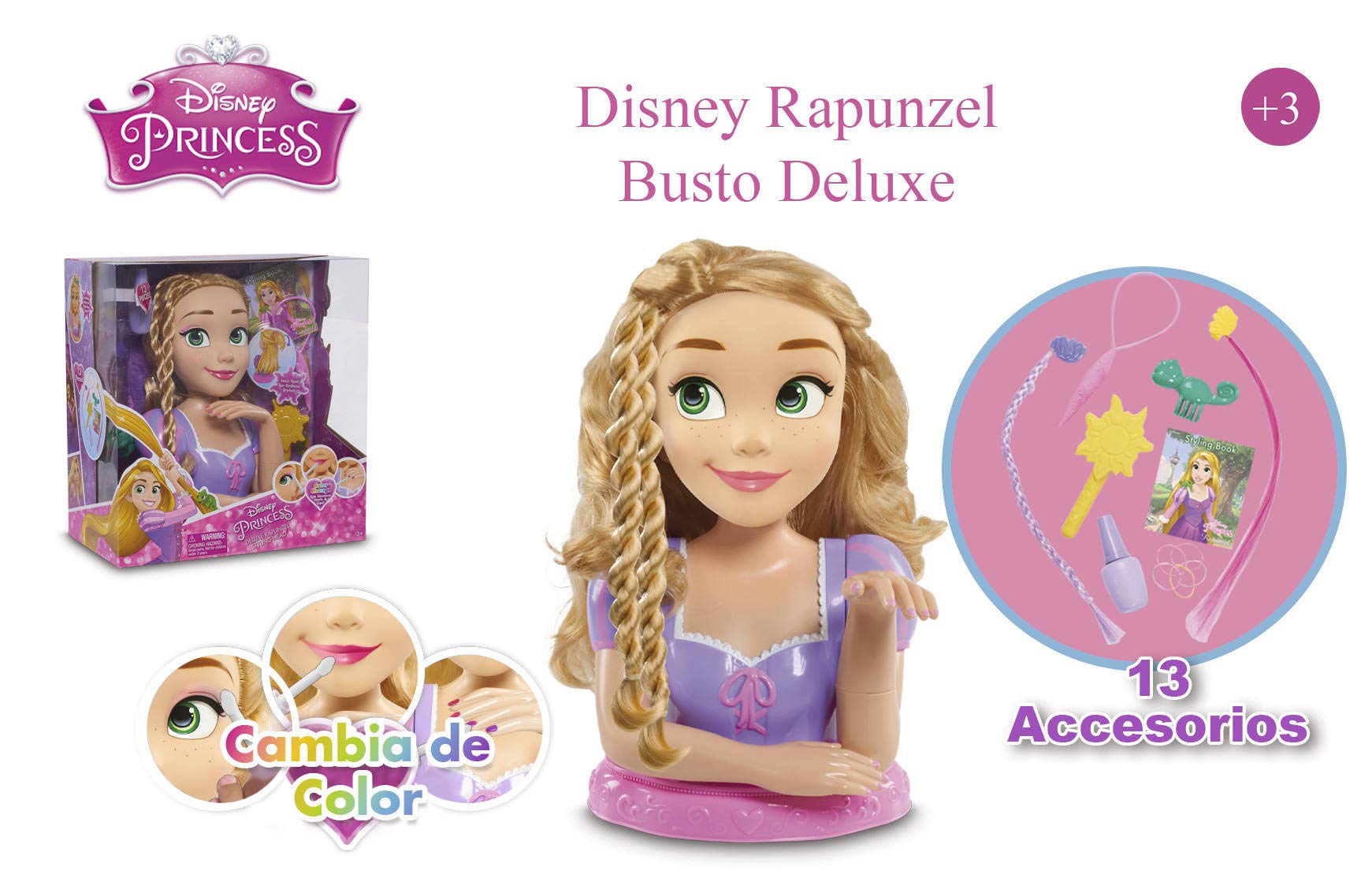 Styling Head Disney Rapunzel Busto Deluxe, con 13 Accesorios para peinar y maquillar a tu Princesa Disney