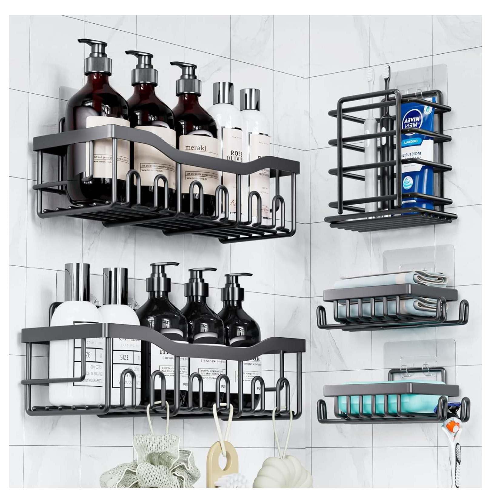 Stainless Steel Shower Caddy 5-Shelf No Drill Kitchen Organizer - Rustproof Adhesive Mount Black