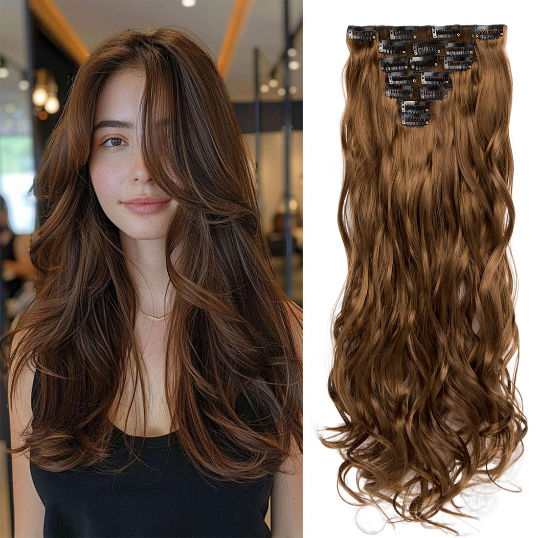 Swy Hair Clip in Hair Extensions Body Wave 22 inches 7Pcs 150g Straight Hair Synthetic Hair Extensions (W-Light Brown, Wavy) - Image 4