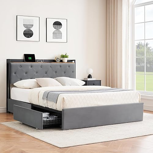 Queen Size Platform Bed Frame with Storage - 4 Drawers & Charging Station, Velvet Upholstered Headboard with Shelf, Sturdy Metal Frame, No Box Spring Needed, Luxury Bedroom Furniture for Modern Homes
