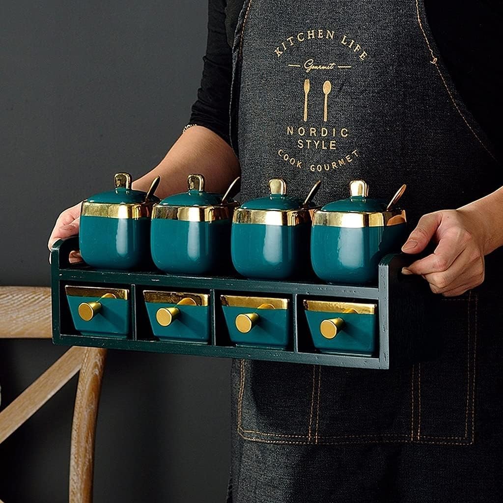 Pots à Épices Assaisonnement Box Set Ensemble De Récipients À Condiments En Céramique Avec Support En Bois, Ensemble De Sucriers, Pots D'assaisonnement Avec Couvercle Et Cuillère Pour La Cuisine Domes