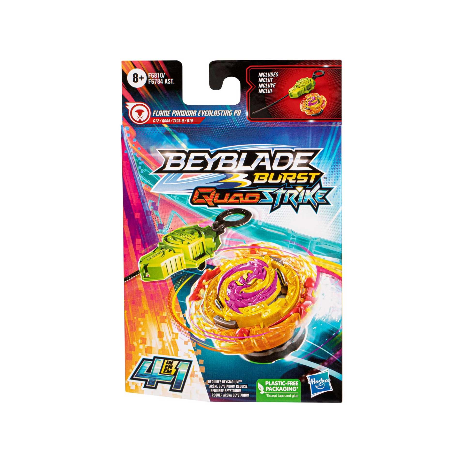 Hasbro Beyblade Burst QuadStrike Flame Pandora Everlasting P8 zestaw startowy do gry w bączki, zestaw zabawek z starterem, średni
