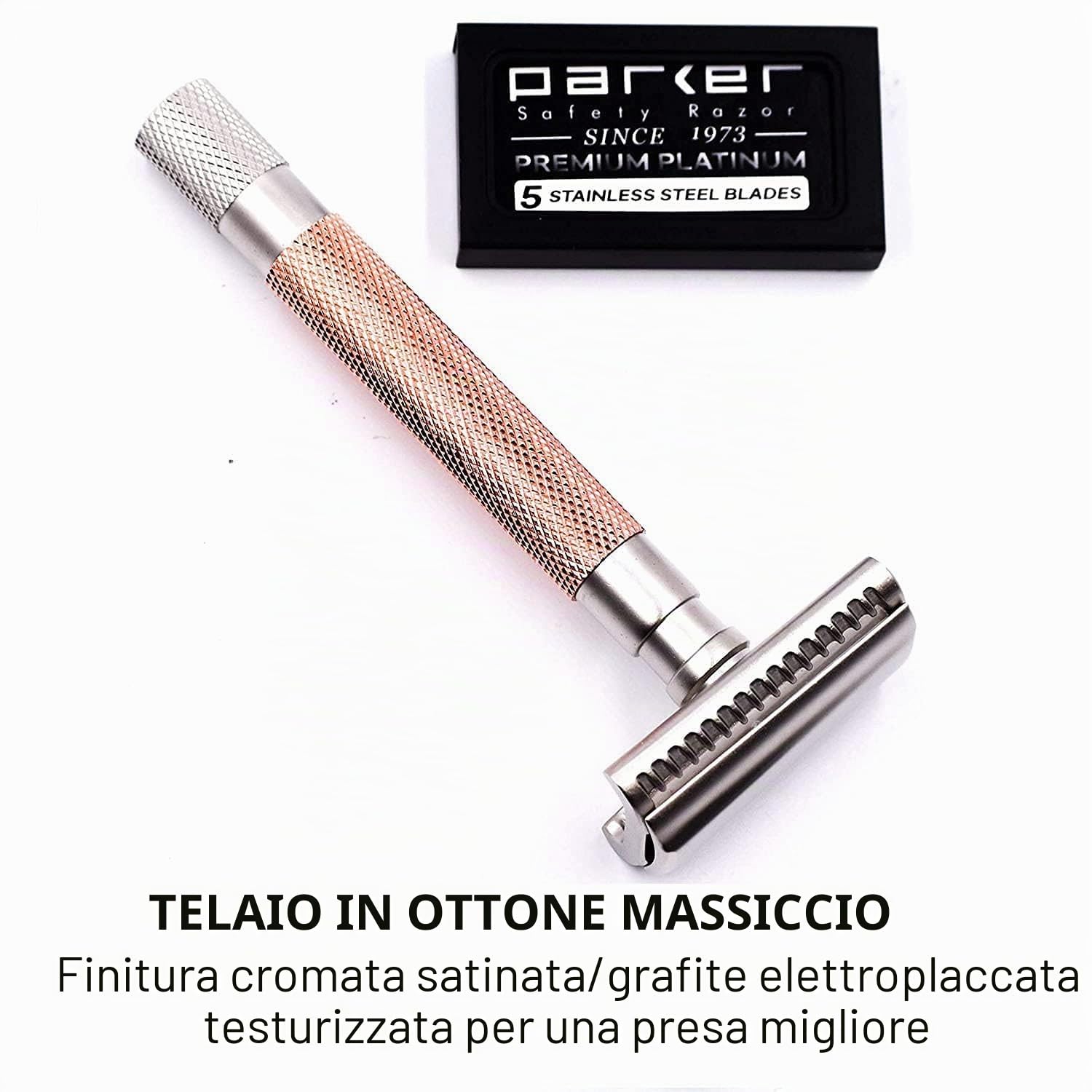 Parker, THE SEMI SLANT, rasoio di sicurezza Double Edge e 5 ricariche per lame Parker - Manico in ottone massiccio placcato oro rosa - Offre una rasatura da barbiere a casa