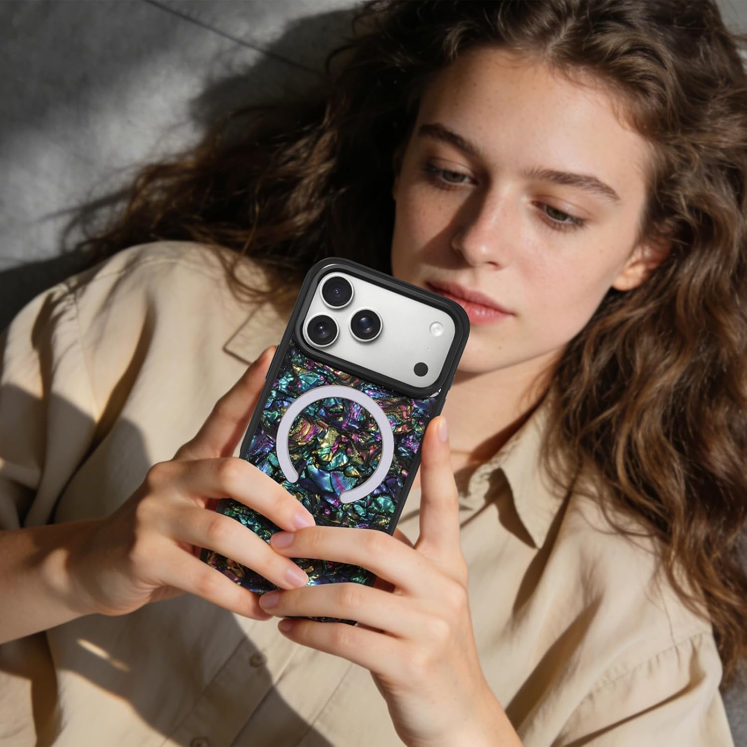 Magnetic for iPhone 17 Pro Case, Luxury Glitter Abalone Shell Mother of Pearl Design for Women Girls, Compatible with Magsafe, Cute Sparkle Shockproof Protective Phone Case, Black