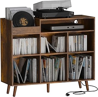 Cozy Castle Large Record Player Stand with Vinyl Storage Cabinet, Wood Turntable Table Open Shelf Holder Up to 500 Albums Cube Storage Organizer for Living Room, Office, Rustic Brown