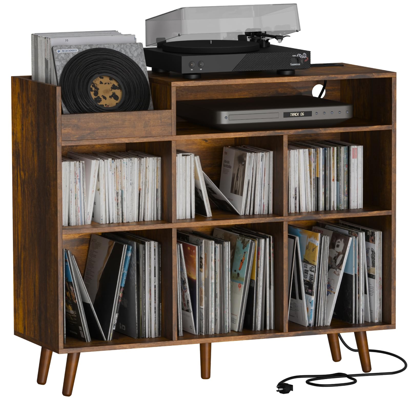 Cozy Castle Large Record Player Stand with Vinyl Storage Cabinet, Wood Turntable Table Open Shelf Holder Up to 500 Albums Cube Storage Organizer for Living Room, Office, Rustic Brown