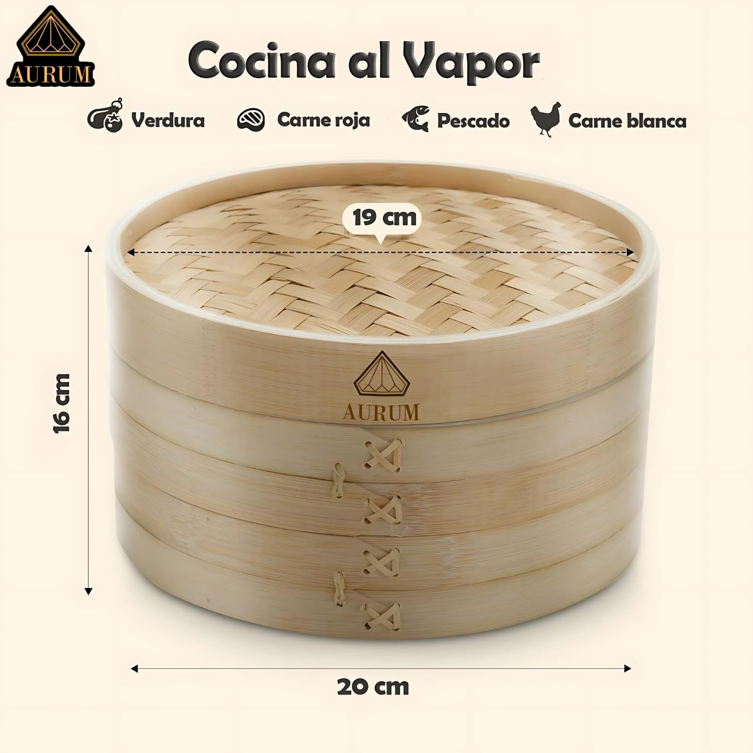 Aurum® Vaporera de Bambú 2 Niveles, en 20 cm y 25 cm - Incluye Accesorios - Vaporera Cocinar Vapor Bambú, Steamer for Cooking, Cocedero de Vapor (ø20)