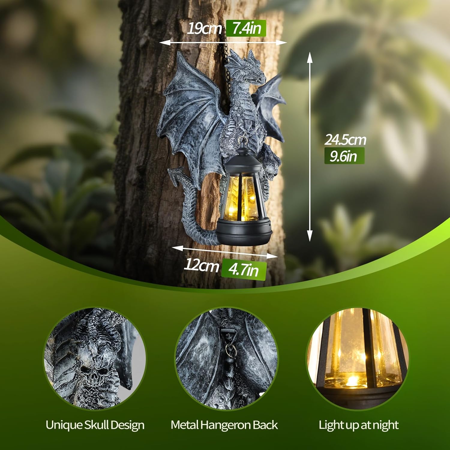 Solar Dragon Tree Hugger Statue - 9.6" Garden Decor with LED Lights and Skull, Waterproof Resin Dragon Sculpture for Outdoor Patio, Yard & Lawn Decorations, Unique Gift for Fantasy Lovers