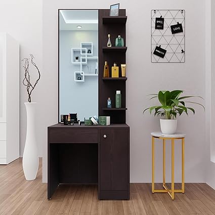 Furnilife Dressing Table with Mirror 2 Drawers for Bedroom - Brown Color(WxHxD): 70x180x40 cm, Suitable for Bedroom, Laundry Room, Closet, etc.