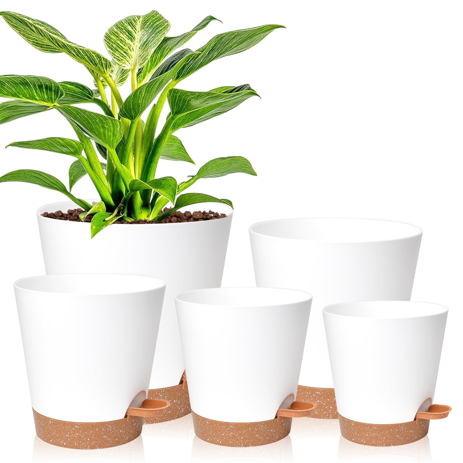VanslogreenVanslogreen Planters for Indoor Plants 7/6.5/6/5.5/5 Inch, Self Watering Planters with Drainage Holes and Saucers 5 Pack Plastic Pots for Plants, Succulents, Herbs, Cactus, Flower Pots, White