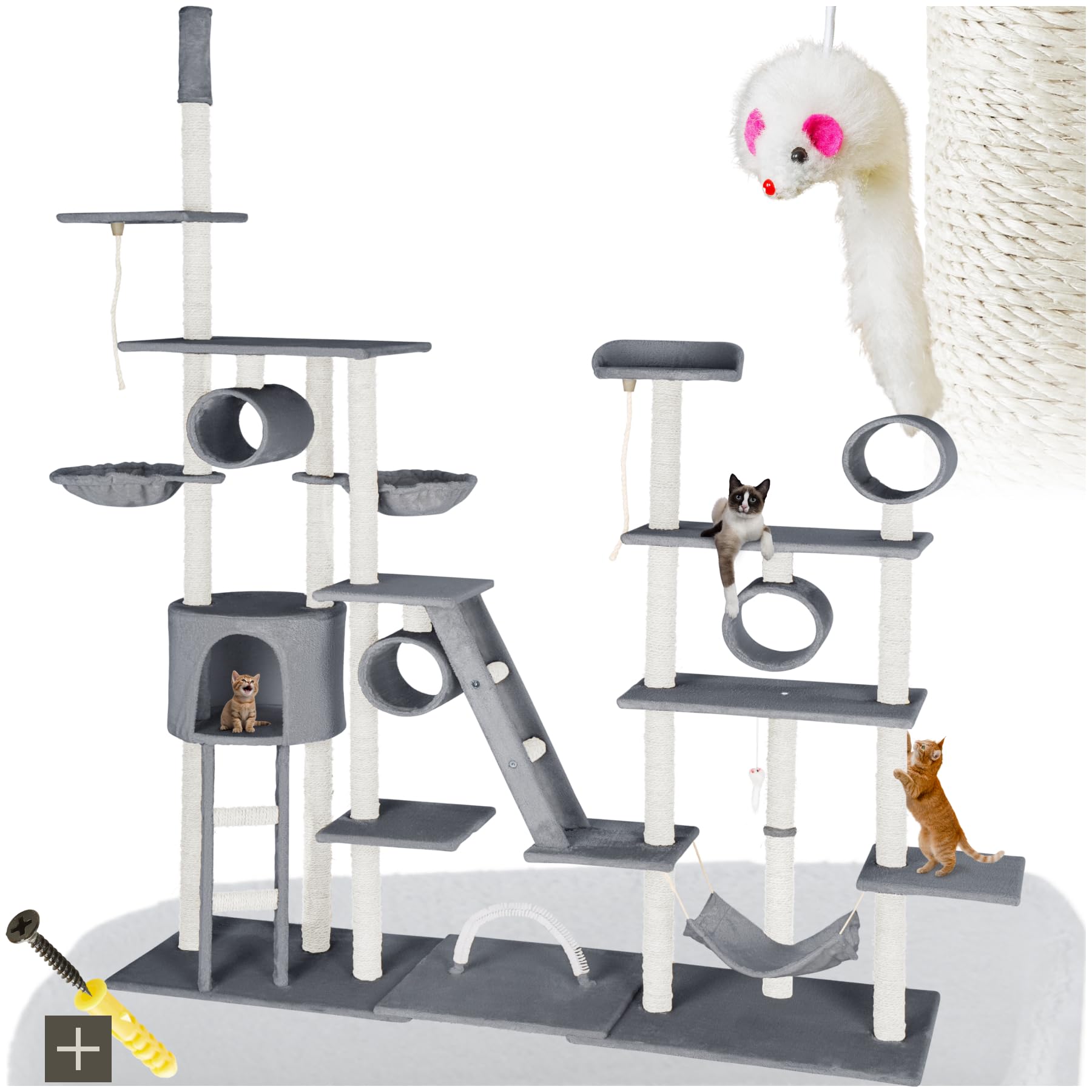 tectake® árbol rascador para gatos, con casita, 2 nidos giratorios, plataforma, hamaca, sistema antivuelco, ratón de juguete, cama para gatos, rascador gato, postes de sisal - 261 cm alto Gris
