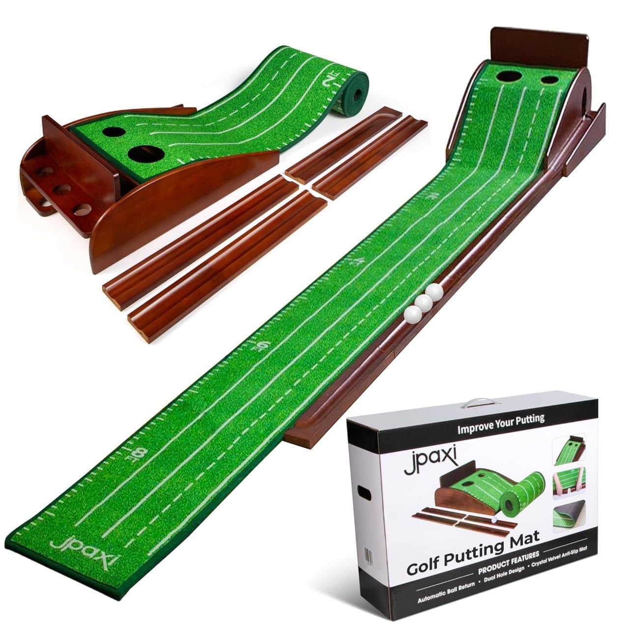 Golf Putting Mat with Ball Return - Putting Green Indoor Featuring 9ft Non-Slip Velvet Surface for Indoor & Outdoor - Smooth, Skip-Free Walnut Ball Return System - Golf Practice Mat for Backyard