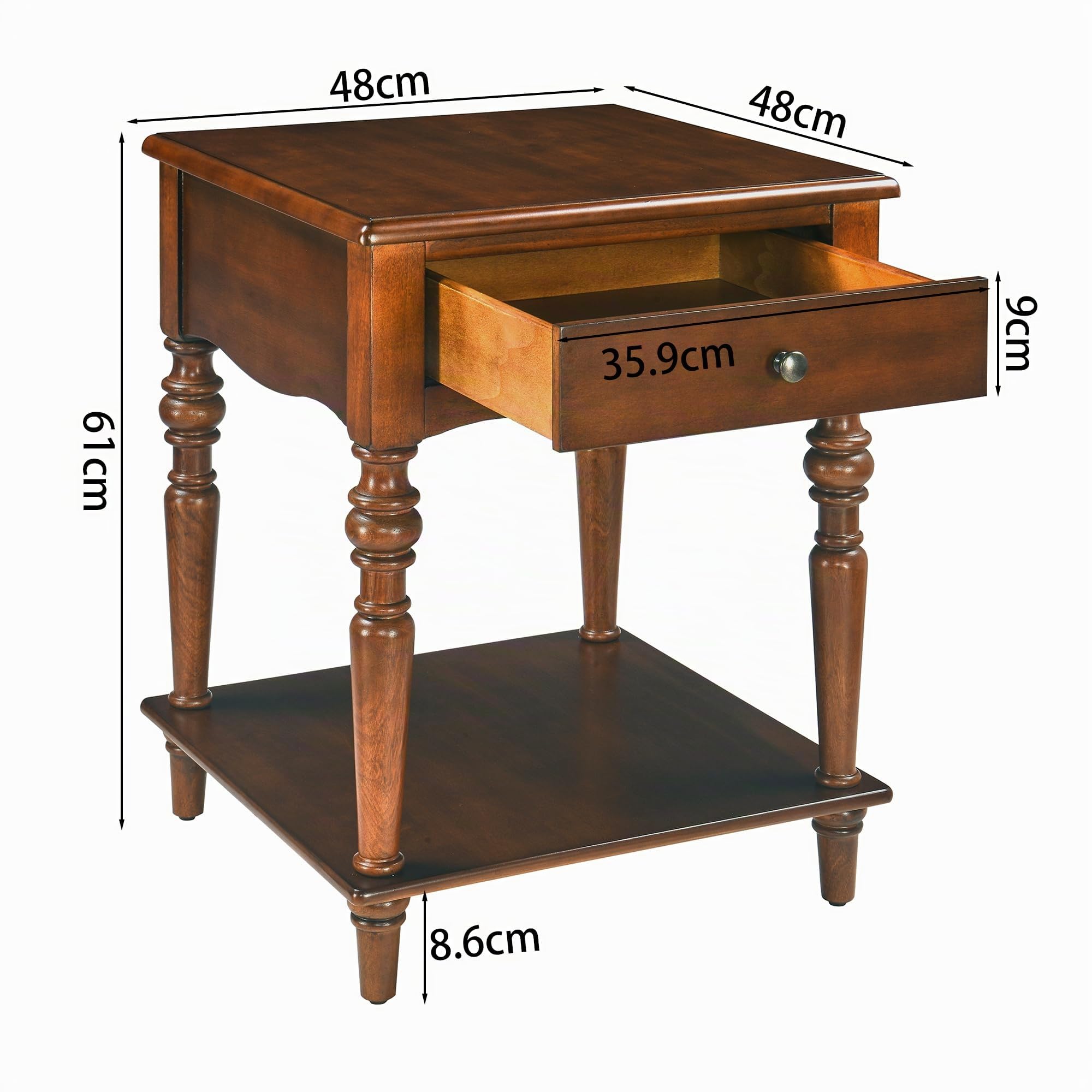 Endtisch mit Schublade und Stauraumregal, quadratischer Beistelltisch für das Wohnzimmer, Landhausstil aus Massivholz, kein Werkzeug erforderlich, 48 cm x 48 cm x 61 cm, karamellbraun BZ-C008-DR