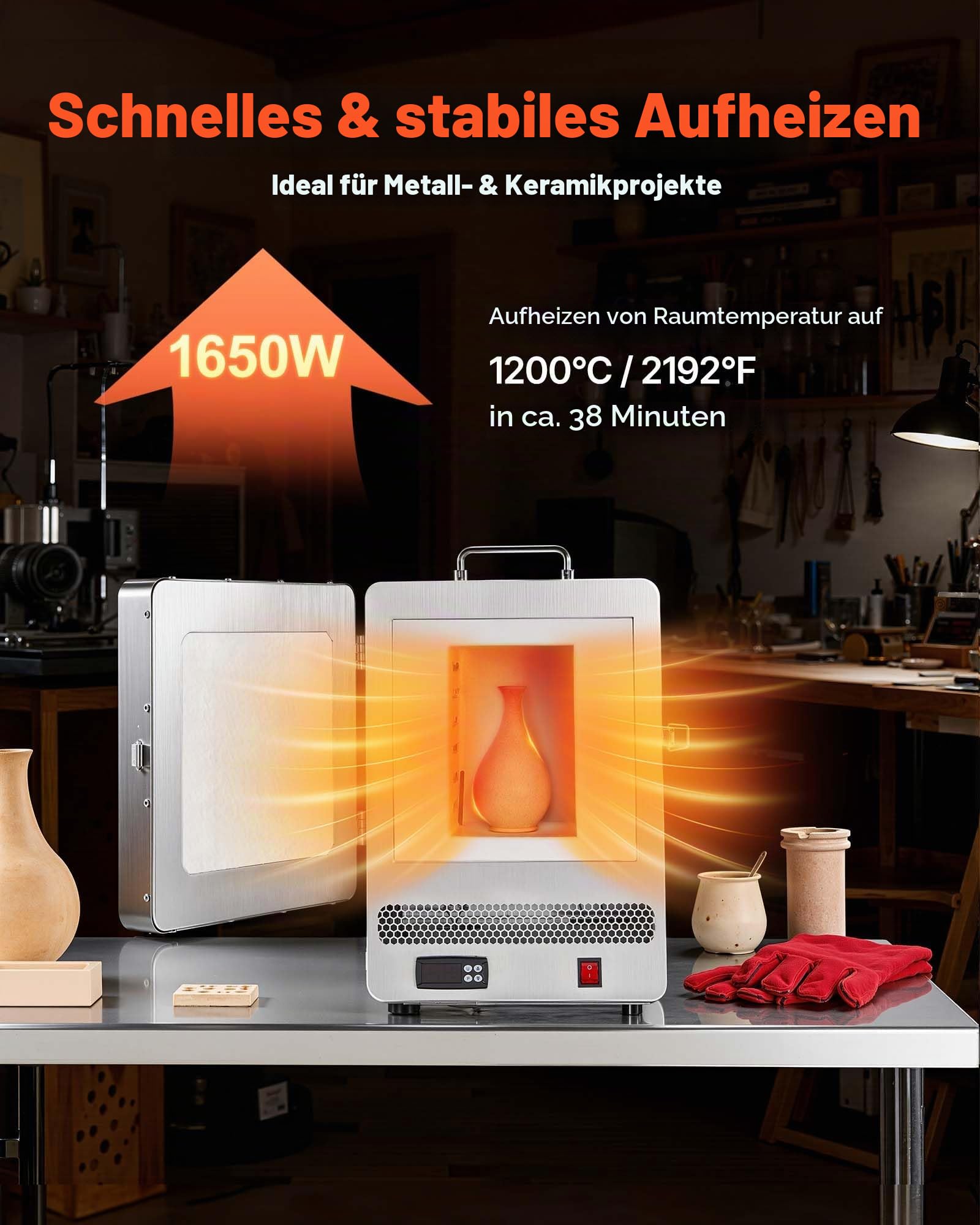 VEVOR elektrischer Schmelzofen 1650 W digitaler Schmelzofen, elektrischer Brennofen mit max. Temperatur 1200 ℃ für Wachsausschmelzguss Ton-DIY Metallglühen Keramikbrennen PID-Temperaturregelung