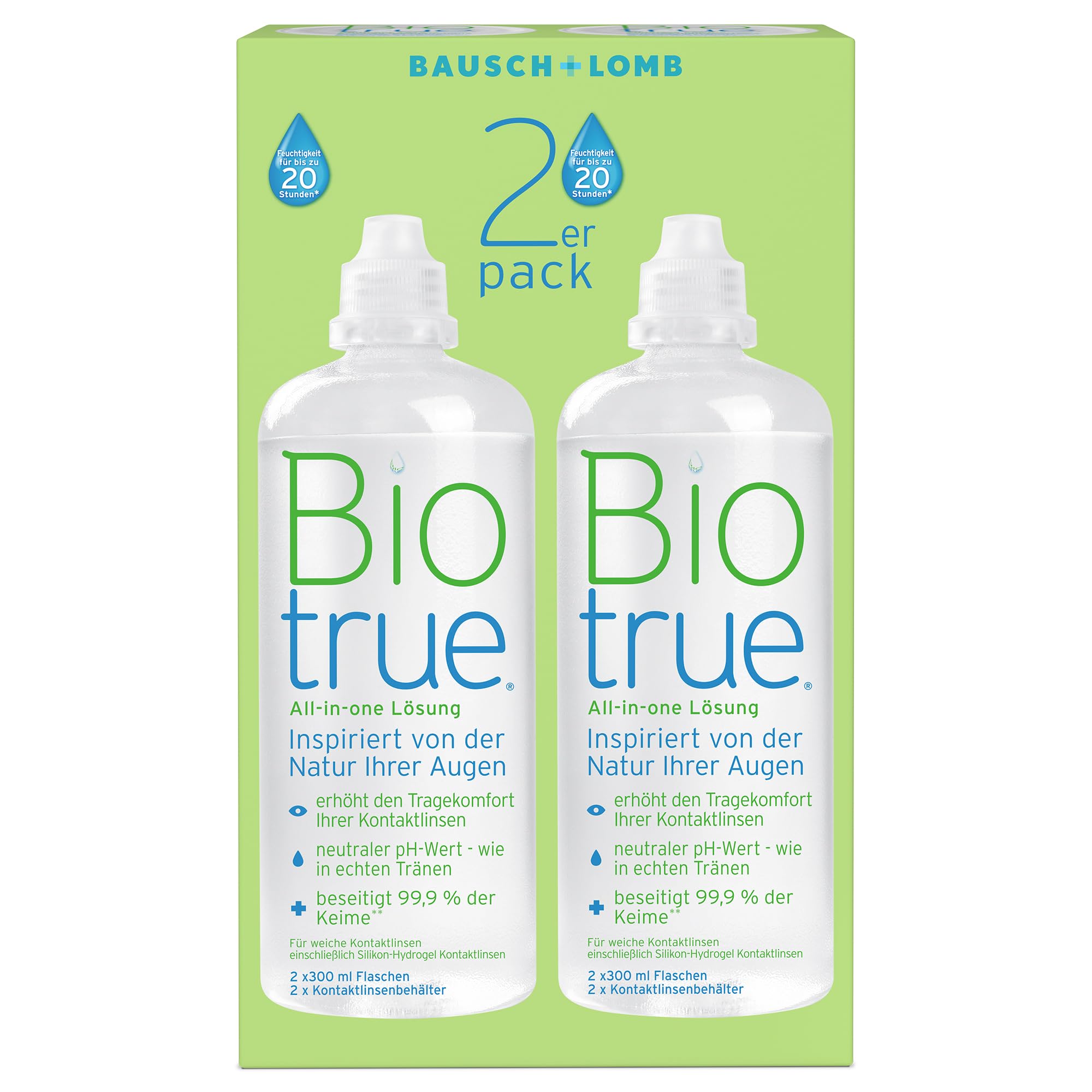 Bausch + Lomb Biotrue All-in-One Lösung - Kontaktlinsenreiniger und Aufbewahrungslösung für weiche Kontaktlinsen, 2er Pack, 2 x 300 ml