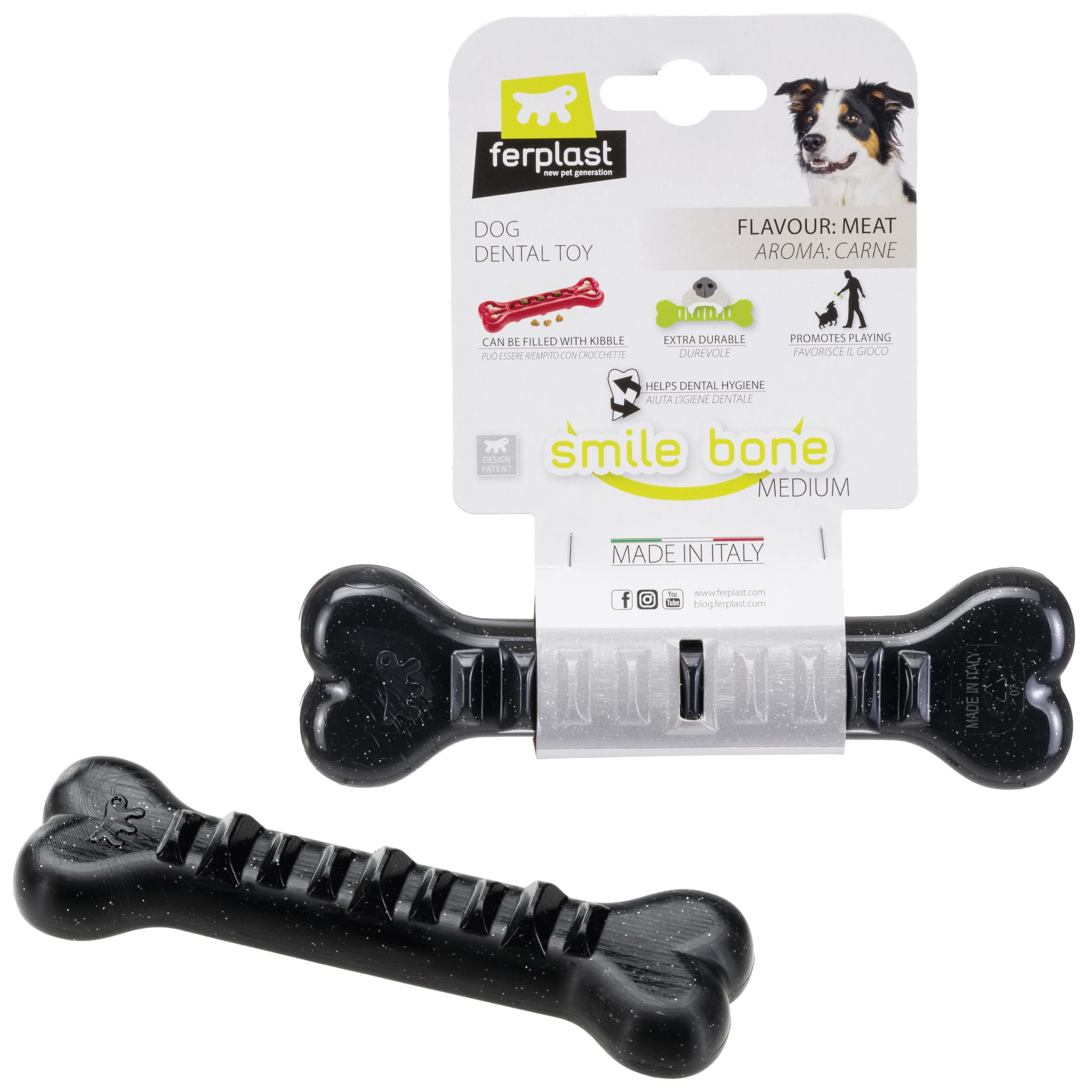Ferplast Dog Toy, Dog Treat Dispenser Bone, Chew Toy, Made of Durable Material, Meat Flavoured