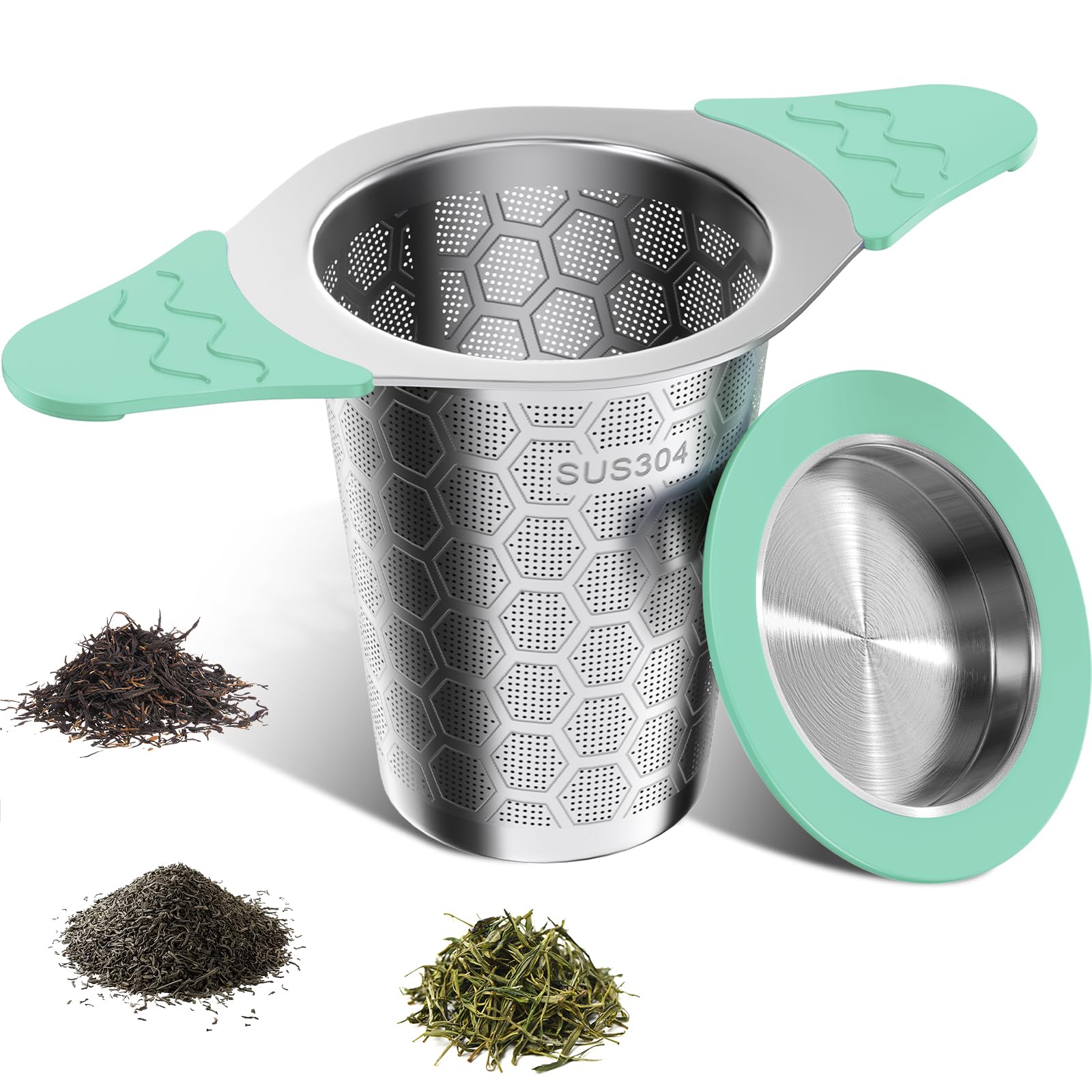 Tea Infuser for Loose Leaf Tea,18/8 Stainless Steel Tea Infuser with Heat Proof Silicone Handles,Extra Fine Mesh Tea Strainers Filter Fine Tea Leaves Effectively,Fits TeaPots/Mugs-Green