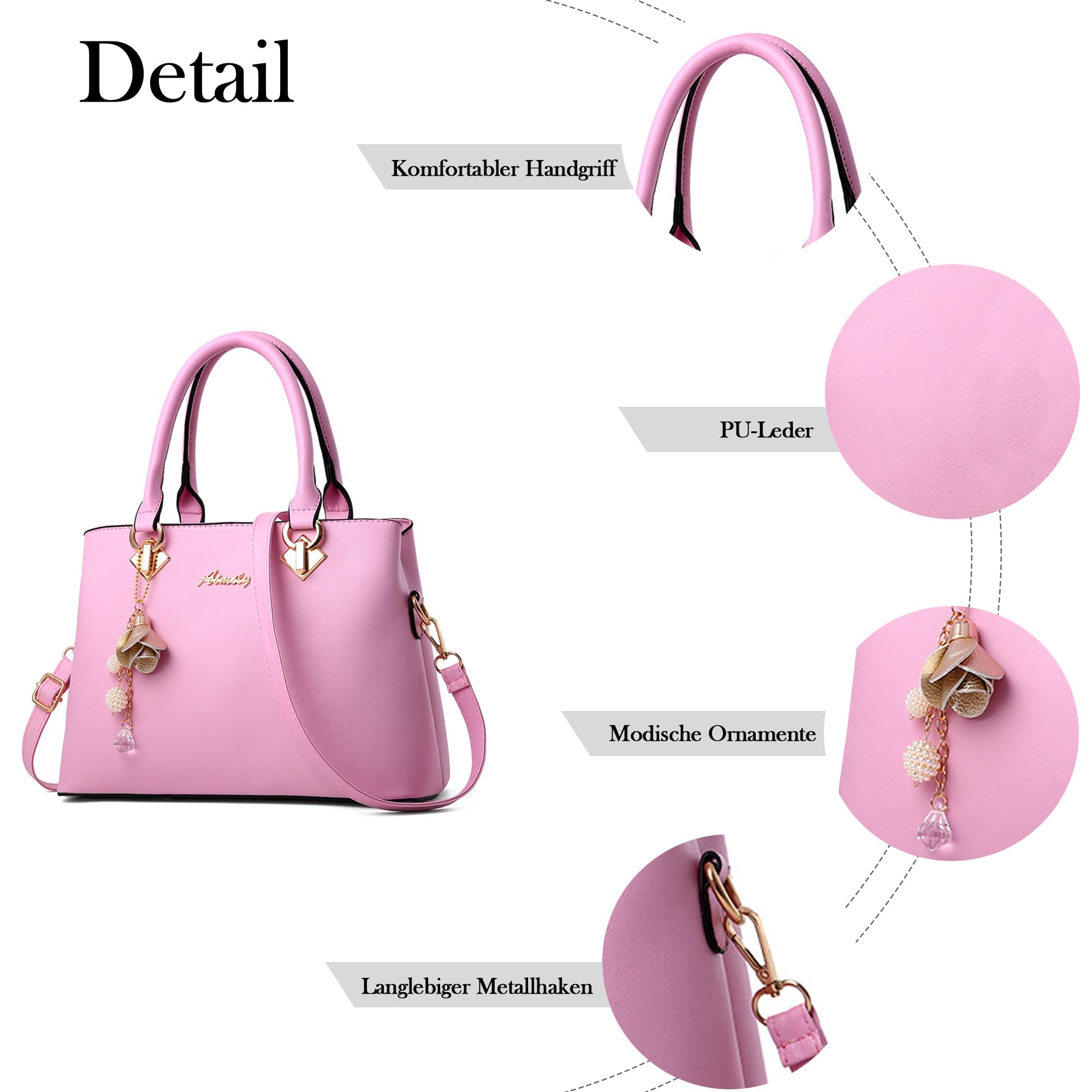 Damen Handtasche Mittelgroß – Elegant & Praktisch mit Abnehmbarem Schulterriemen, Wasserabweisend PU Leder, für Alltag, Arbeit und Shopping (Rosa)