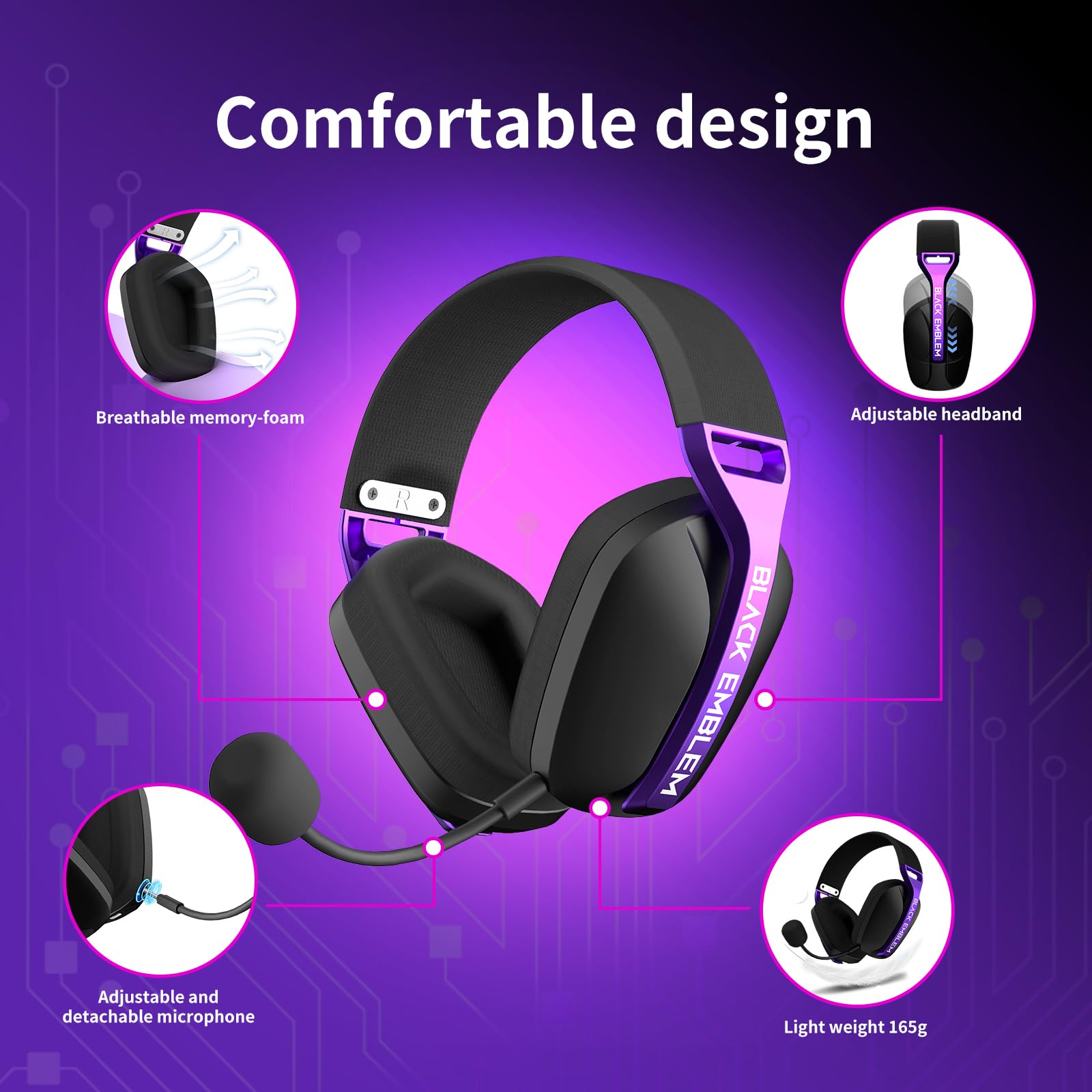 Black Emblem Cuffia Gaming Wireless con Mic rimovibile per PC, PS5, PS4, 2,4 GHZ cuffie da gioco con auricolari respirabili, Bluetooth 5.4, batteria 50H, cuffie da gioco leggere