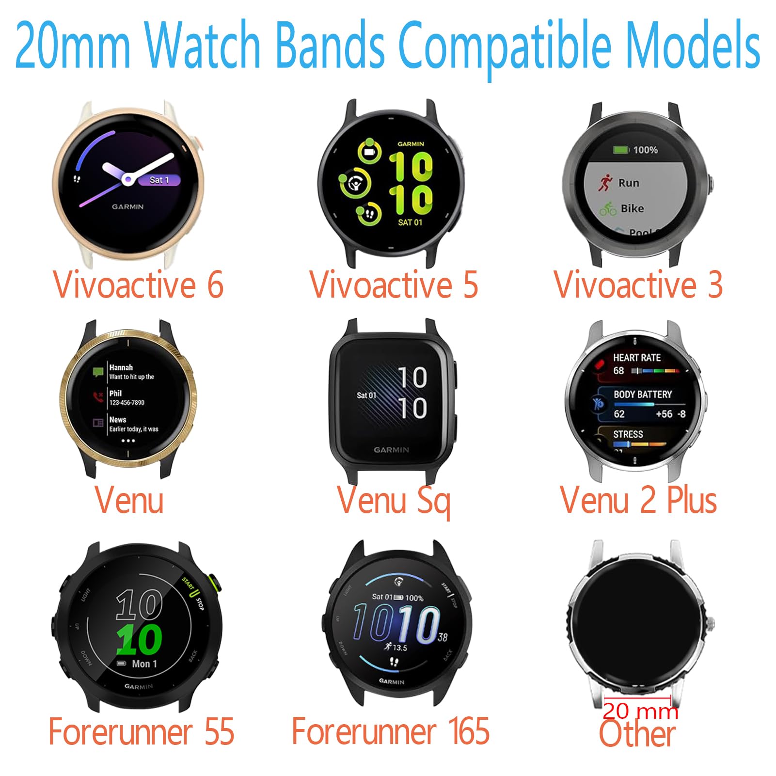 20mm Correa Tela Compatible para Garmin Vivoactive 6/5/3, Venu, Venu sq/sq 2, Forerunner 55/165/245/645/158 Pulseras de Repuesto Nylon para Mujer y Hombre Correas — view 3