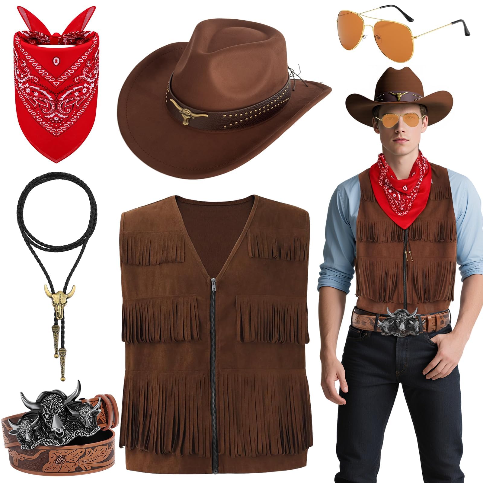 Wynlora 6Pcs Cowboy Fancy Dress Accessory Set for Men, Western Cowboy Costume Kit with Hat Tasseled Vest Paisley Bandanna Glasses Belt Necklace for Adults Western Theme Party Cosplay (M)